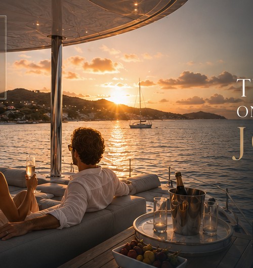 Invités détendus sur le pont d’un yacht avec du champagne au coucher du soleil sur les Caraïbes