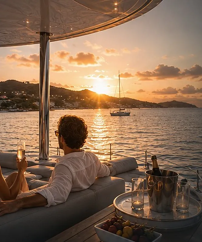 Guests relaxing on a yacht deck with champagne as the sun sets over the Caribbean